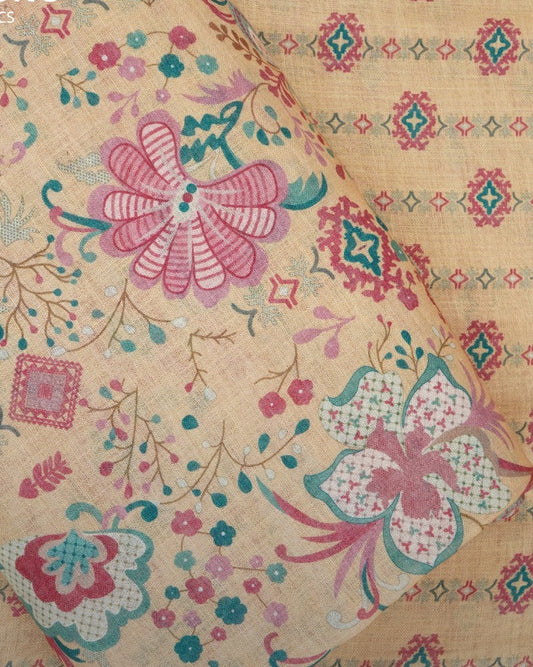 Yellow Floral & Abstract Print Cotton Linen Fabric TU 142