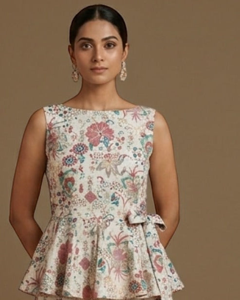 White Floral & Abstract Print Cotton Linen Fabric | TU141