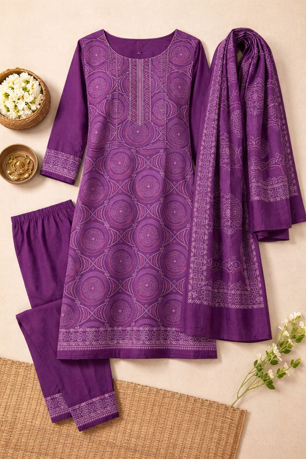 Purple Mul Cotton Bandhani 3PC Unstitched Suit Set | RA125