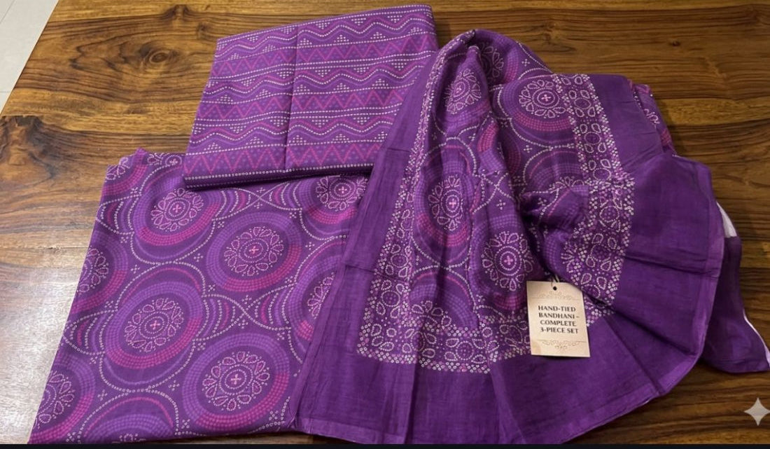 Purple Mul Cotton Bandhani 3PC Unstitched Suit Set | RA125