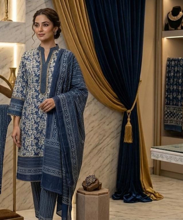Indigo Blue & White Floral Printed 3PC Cotton Suit | RA127