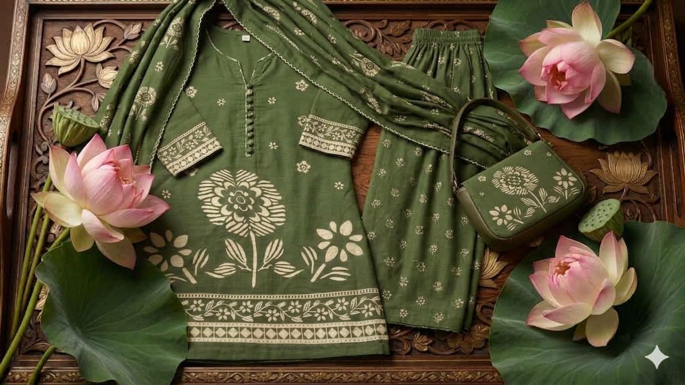Green Floral Printed Mul Cotton 3PC Suit.