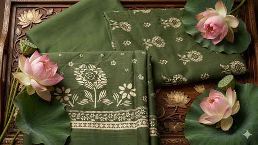 Green Floral Printed Mul Cotton 3PC Suit.