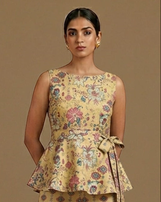 Yellow Floral & Abstract Print Cotton Linen Fabric TU 142