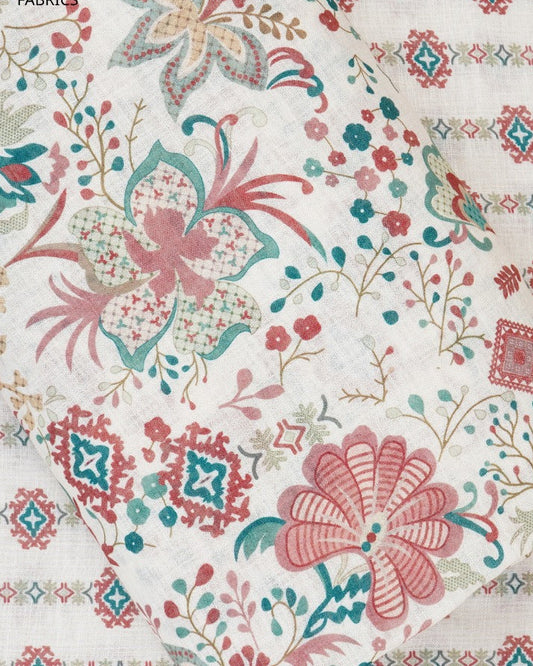 White Floral & Abstract Print Cotton Linen Fabric | TU141