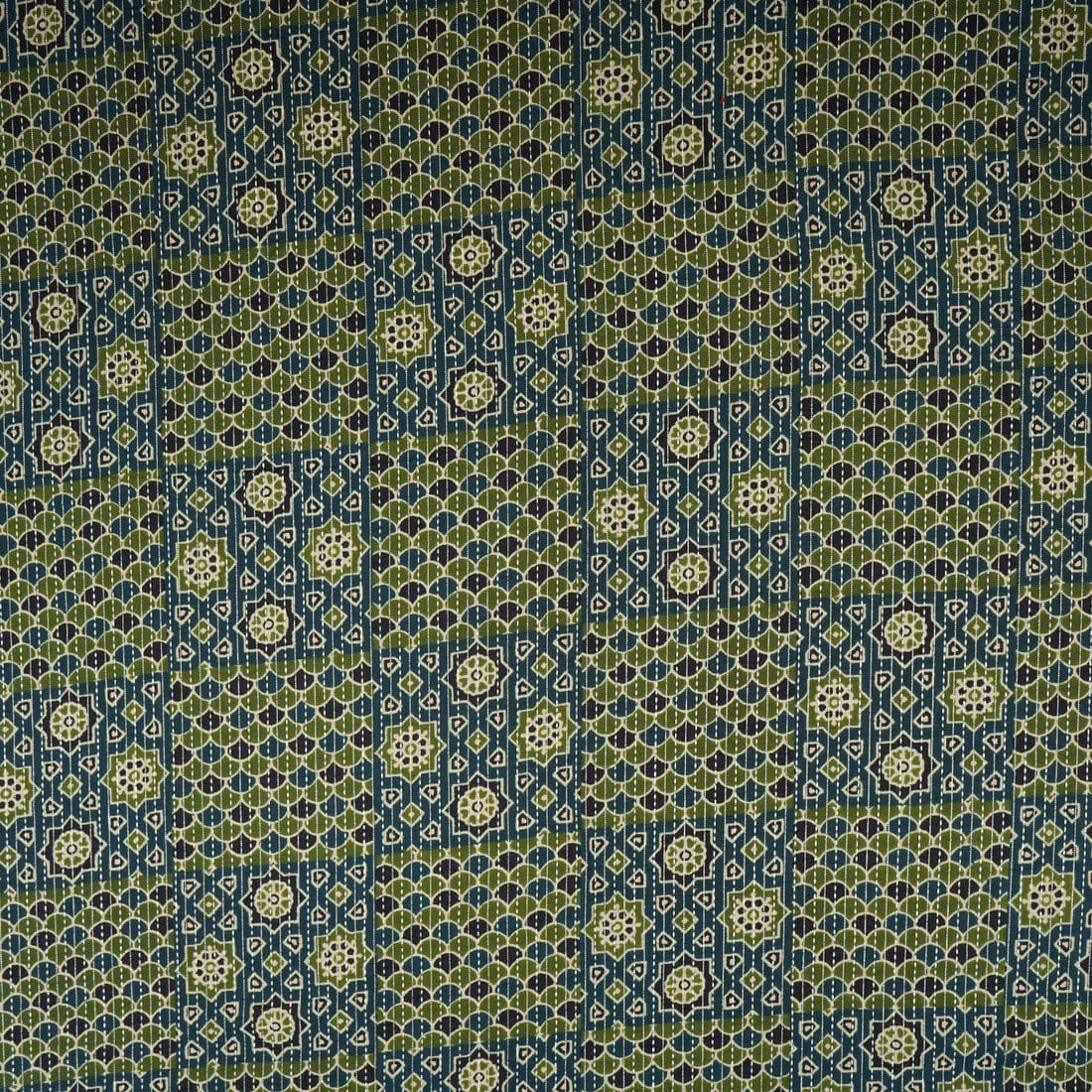 Dark Blue Ajrakh with Kantha Print Cotton Fabric