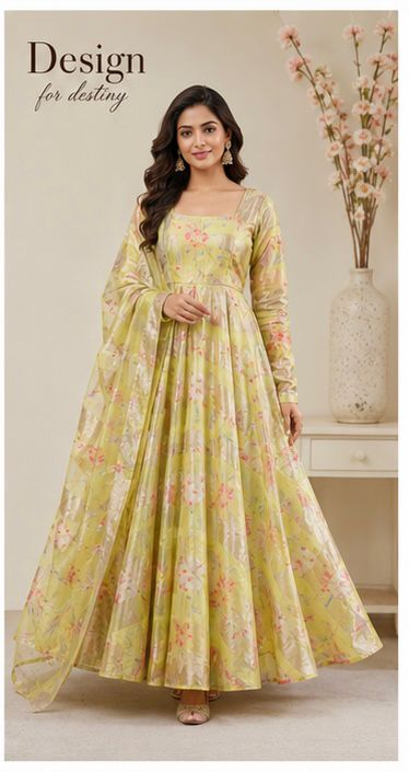 Ligjt Yellow With Golden Stripes Floral Print Organza Tissue Fabric&nbsp;