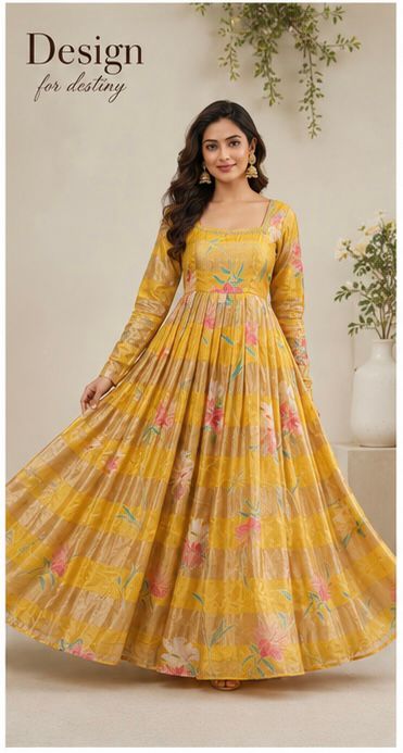 Mustard Yellow With Golden Stripes Floral Print Organza Tissue Fabric