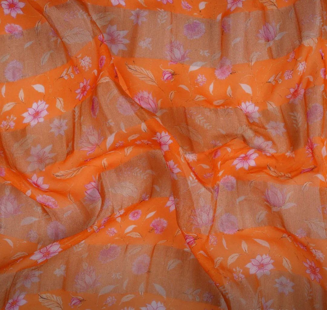 Orange With Golden Stripes Floral Print Organza Tissue Fabric