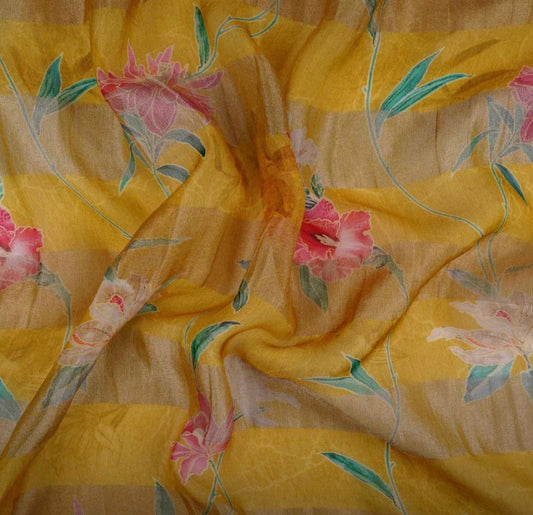 Mustard Yellow With Golden Stripes Floral Print Organza Tissue Fabric