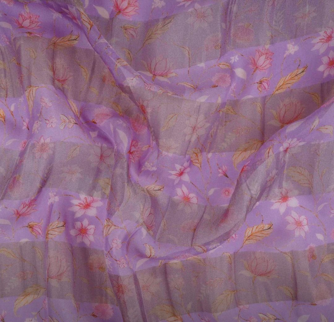 Lavender With Golden Stripes Floral Print Organza Tissue Fabric&nbsp;