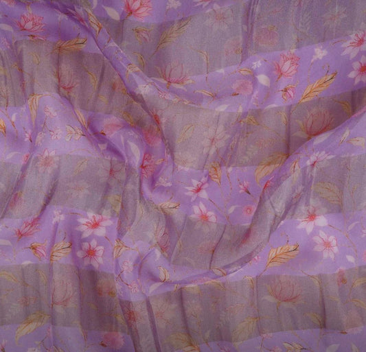 Lavender With Golden Stripes Floral Print Organza Tissue Fabric&nbsp;