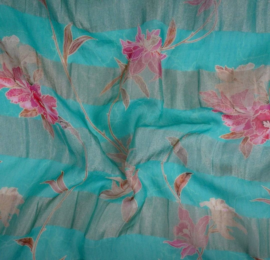 Blue With Golden Stripes Floral Print Organza Tissue Fabric