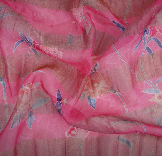Pink With Golden Stripes Floral Print Organza Tissue Fabric