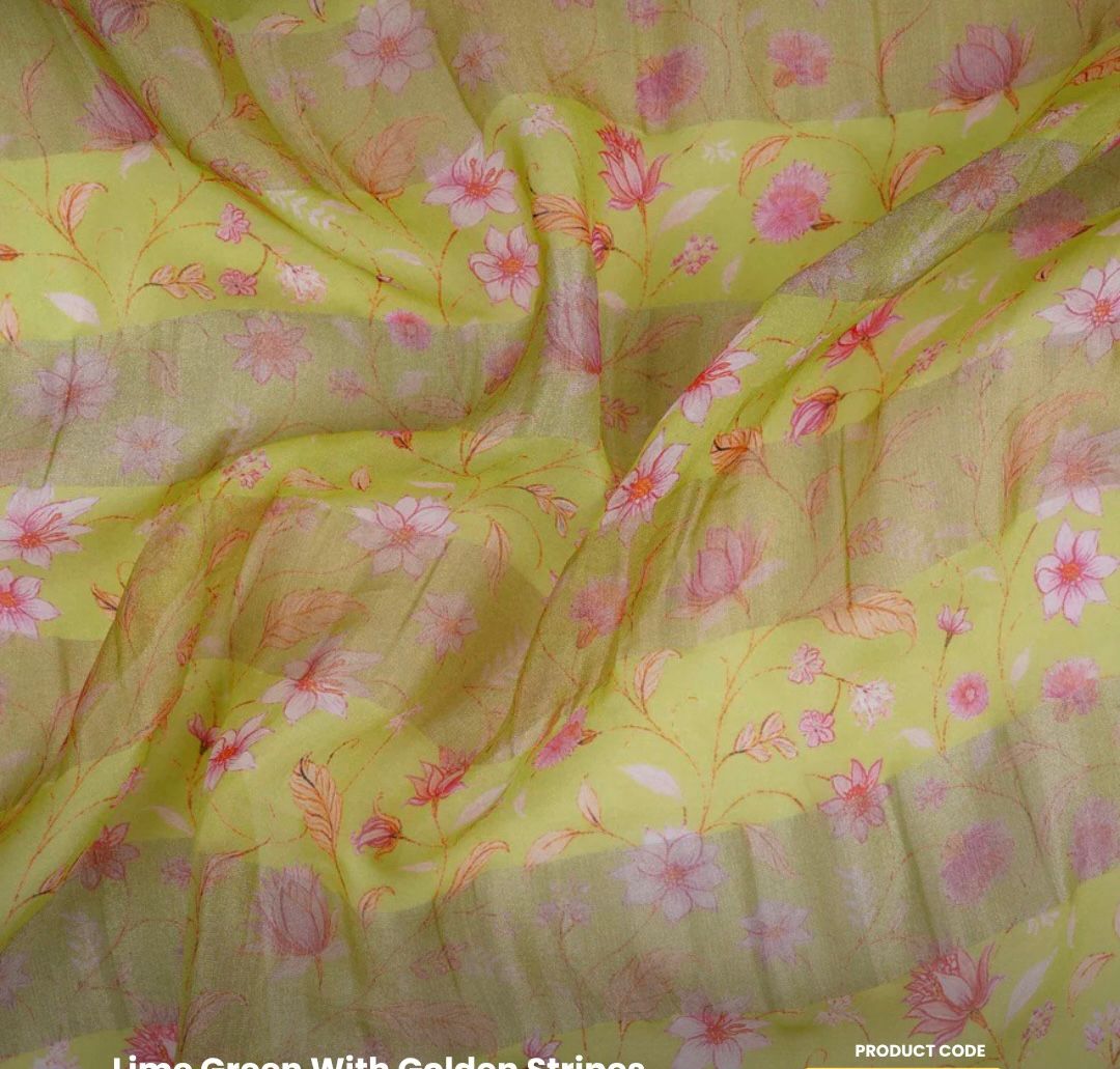 Ligjt Yellow With Golden Stripes Floral Print Organza Tissue Fabric&nbsp;