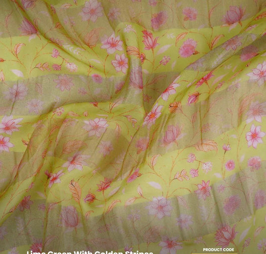 Ligjt Yellow With Golden Stripes Floral Print Organza Tissue Fabric&nbsp;