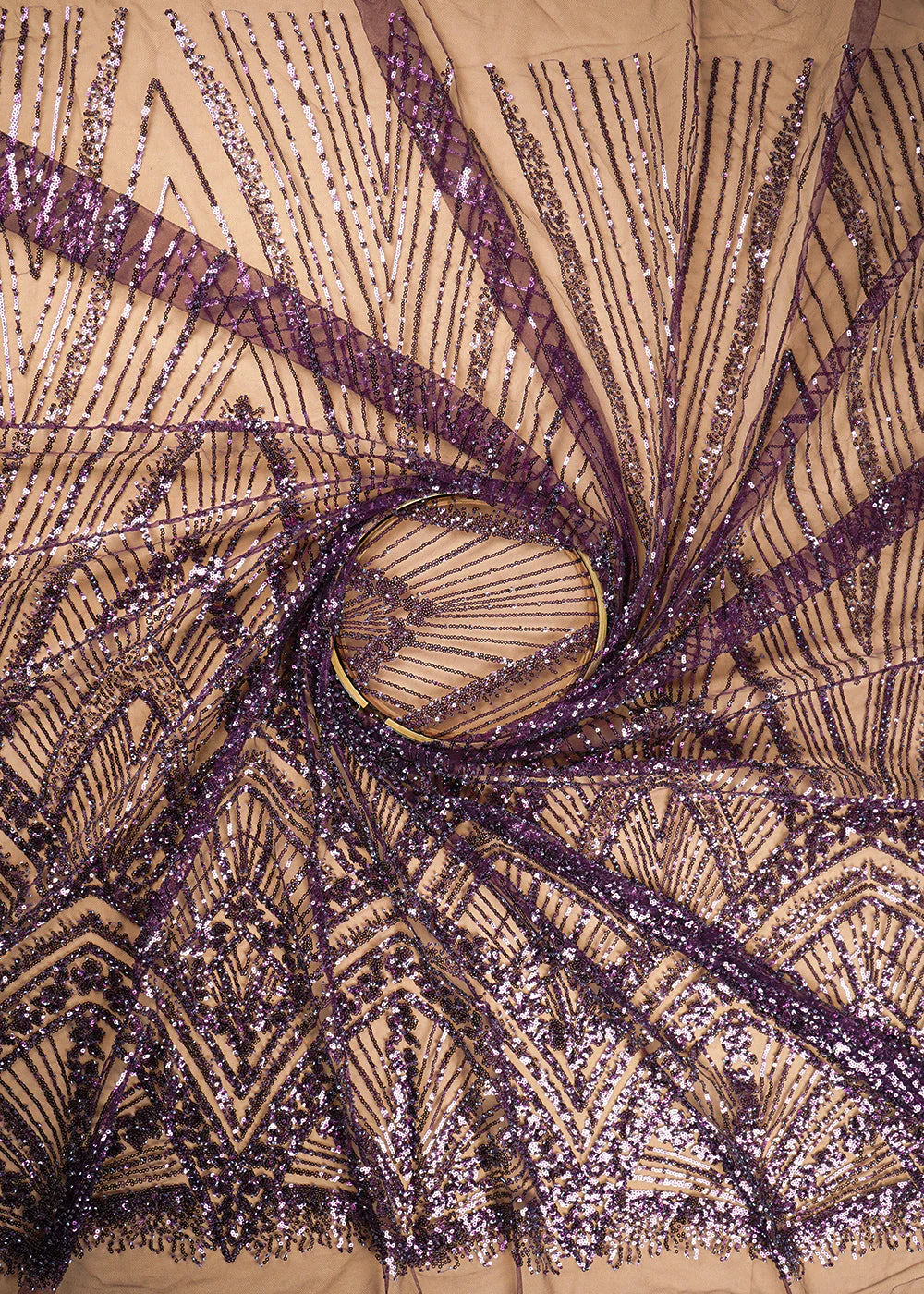 Wine Net Fabric With All Over Sequins And Bead Work With One Side Scalloped Border PG-109