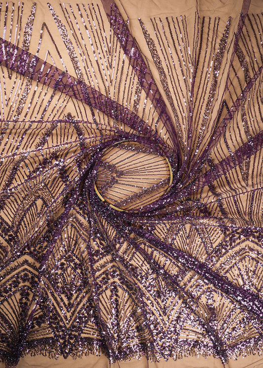 Wine Net Fabric With All Over Sequins And Bead Work With One Side Scalloped Border PG-109