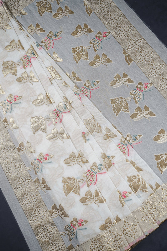 White Chanderi Dupatta With All Over Thread And Zari Handloom PG-112