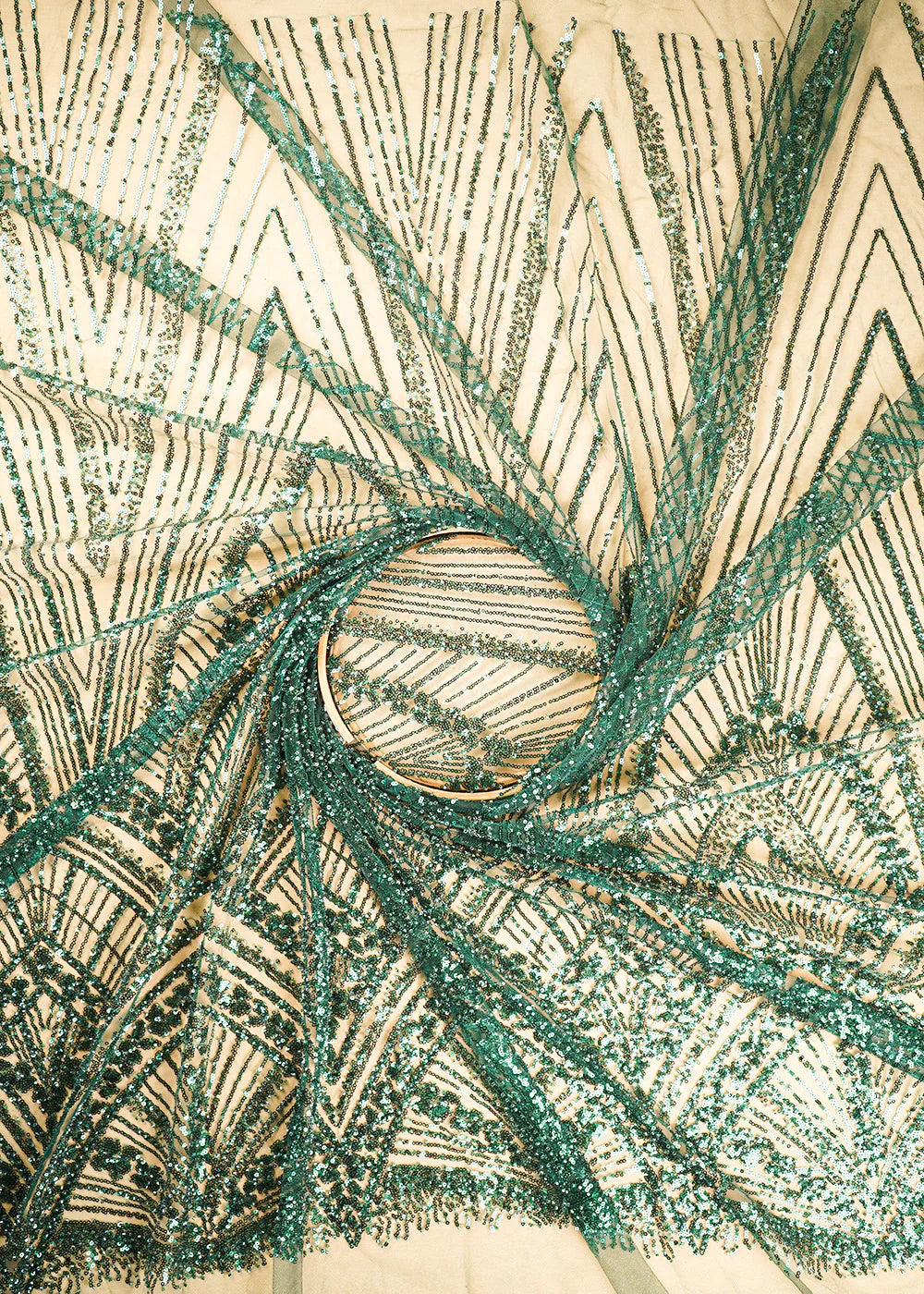 Bottle Green Net Fabric With All Over Sequins And Bead Work With One Side Scalloped Border PG-109