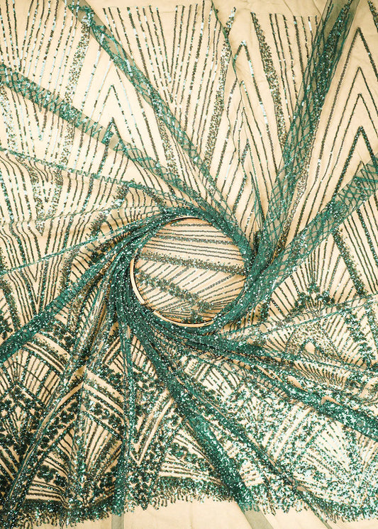 Bottle Green Net Fabric With All Over Sequins And Bead Work With One Side Scalloped Border PG-109