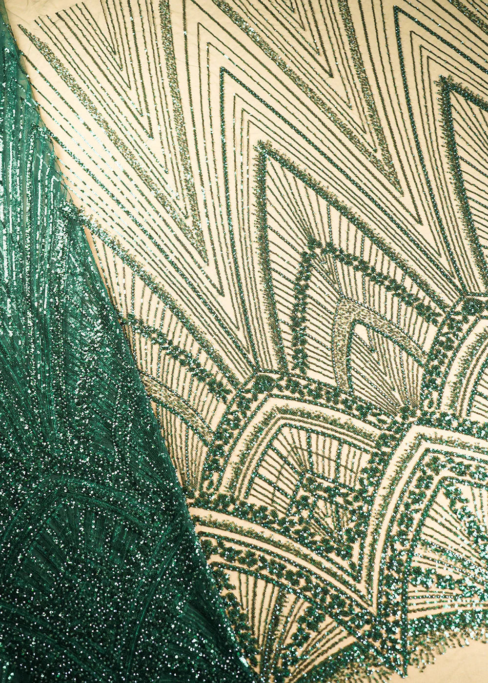 Bottle Green Net Fabric With All Over Sequins And Bead Work With One Side Scalloped Border PG-109