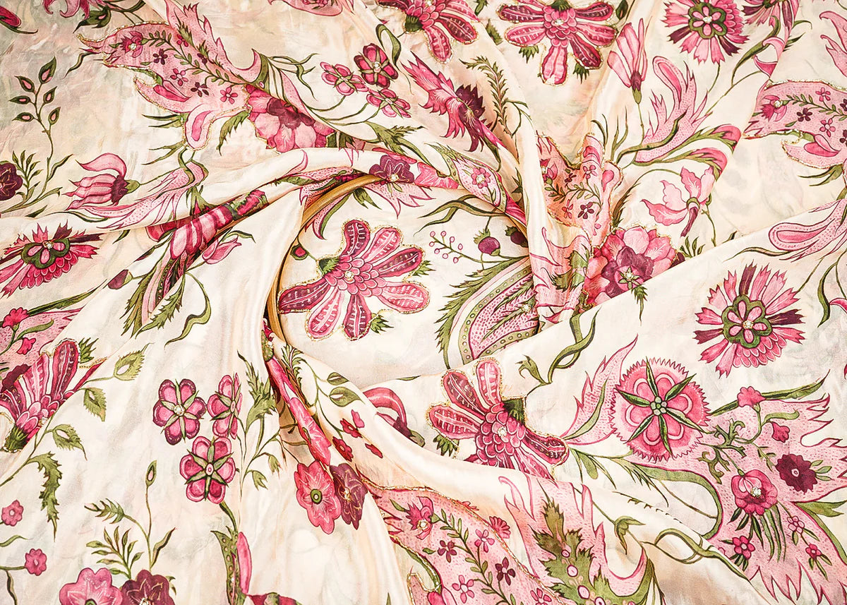 Cream Organza Fabric With All Over Floral Print, Bead And Katdana Work PG-140