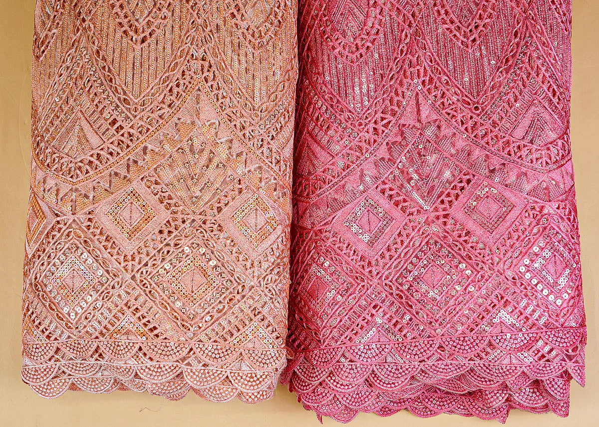 Pink Exquisite Imported Net Fabric with All-Over Cutwork and Sequins PG-108