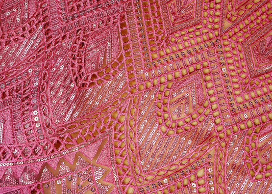 Pink Exquisite Imported Net Fabric with All-Over Cutwork and Sequins PG-108