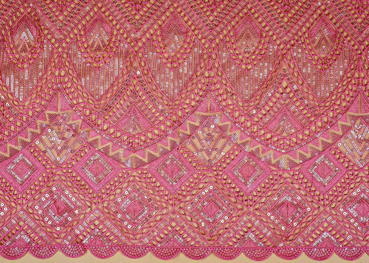 Pink Exquisite Imported Net Fabric with All-Over Cutwork and Sequins PG-108